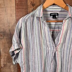 Lands End Linen Pastel Striped Camp Shirt Blouse Coastal Beachy Large Summer